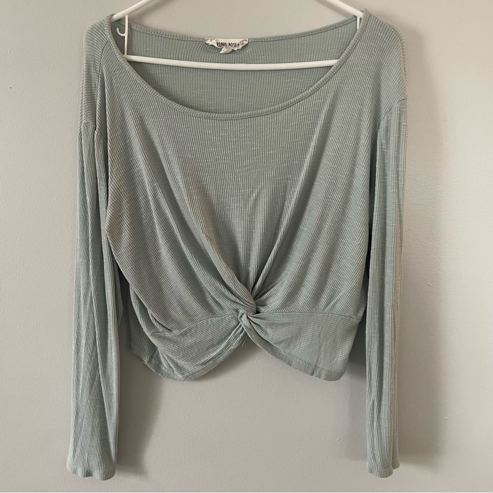 Pink Rose Light Green Long Sleeve Twist Front Top Slight Crop & Ribbing